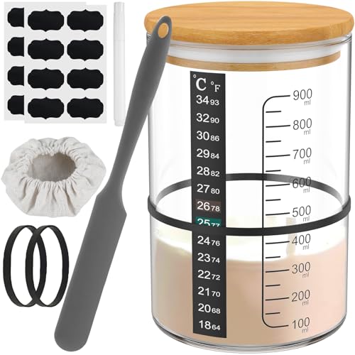 10Pcs Sourdough Starter Jar Kit 900ml Heat Resistant Sourdough Starter Container with Wooden Lid Spatula Reusable Wide Mouth Glass Sourdough Fermentation Jar for Sourdough Baking ZHAZHAMO