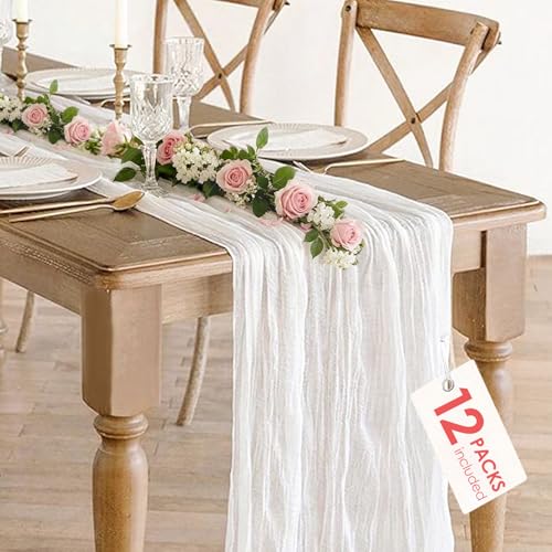 12 Pack White Cheesecloth Table Runner 35x120inch, Summer 10FT Boho Gauze Sheer Cheese Cloth Table Runner for Wedding Bridal Shower Baby Shower Boho Holiday Decorations - color: White, size: 10ft x 12pcs