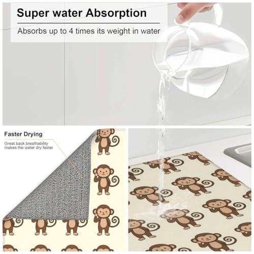 Cartoon Monkeys Dish Drying Mats for Kitchen Counter, Super Absorbent Microfiber Drainer Pad, Washable Reversible Appliance Protector, Everyday Kitchen Must-Have, 16x18 Inch - color: Cartoon Monkeys