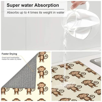 Cartoon Monkeys Dish Drying Mats for Kitchen Counter, Super Absorbent Microfiber Drainer Pad, Washable Reversible Appliance Protector, Everyday Kitchen Must-Have, 16x18 Inch - color: Cartoon Monkeys