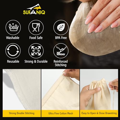 SUFANIQ Nut Milk Bag - 2 Bags (12 x 12 Inch) 100% Unbleached Cotton Cheese Cloth Bag for Straining, Premium Nut Milk Bag Reusable, Nut Bag Strainer for Almond, Soy, Oat Milk, Juices, Cheese Making - size: 12x12 / 2 pieces