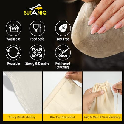 SUFANIQ Nut Milk Bag - 2 Bags (12 x 12 Inch) 100% Unbleached Cotton Cheese Cloth Bag for Straining, Premium Nut Milk Bag Reusable, Nut Bag Strainer for Almond, Soy, Oat Milk, Juices, Cheese Making - size: 12x12 / 2 pieces