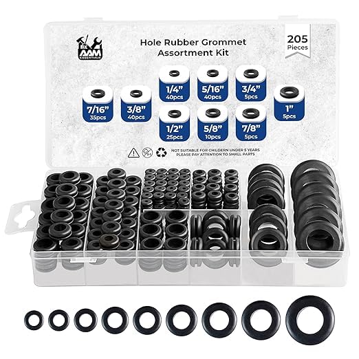 Rubber Grommets kit for Wiring- 205pcs Assorted in 9 Sizes 1",1/2",1/4", 3/4", 3/8", 5/8", 5/16", 7/8",7/16 "-Waterproof & Tear Resistant Firewall Grommets Perfect for Safe Sealing in Automotive. - size: 9 Sizes-205pcs