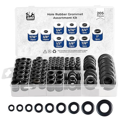 Rubber Grommets kit for Wiring- 205pcs Assorted in 9 Sizes 1",1/2",1/4", 3/4", 3/8", 5/8", 5/16", 7/8",7/16 "-Waterproof & Tear Resistant Firewall Grommets Perfect for Safe Sealing in Automotive. - size: 9 Sizes-205pcs