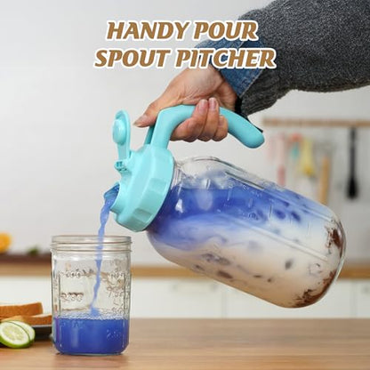Soligt Glass Mason Jar Pitchers with Lids, Wide Mouth Flip Cap Pour Spout Leak-proof Lid with Handle, 64 oz/2 Quart, for Iced Coffee/Sun Tea Juice/Cold Brew/Milk (2 Pack, Taffy Pink + Baby Blue) - color: Taffy Pink and Baby Blue