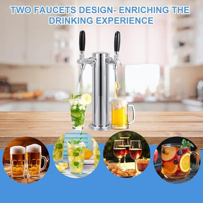 Adjustable Dual Tap Kegerator Tower Draft Beer Tower Pre-assembled Beer Keg Tap Tower Stainless Steel Beer Dispenser Tower Stainless Core Self-Closing Beer Faucet for Homebrew Kegerator Parts