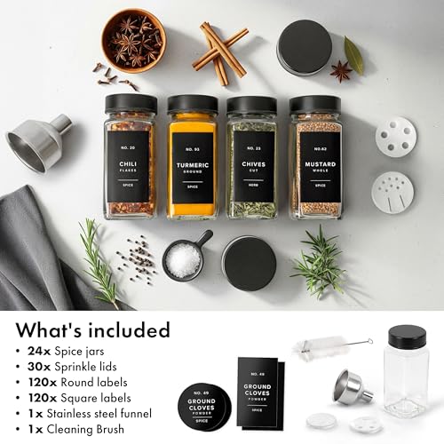 EDELHAUS Glass Spice Jars with Label, Seasoning Set, 24x Black Steel Lids | Airtight Lids keep spices fresh, Kitchen Spice Drawer Organizer, 4oz Seasoning Containers incl. Funnel, Brush & 240 Labels - color: Black Stainless Steel Lid