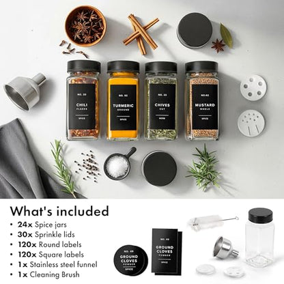 EDELHAUS Glass Spice Jars with Label, Seasoning Set, 24x Black Steel Lids | Airtight Lids keep spices fresh, Kitchen Spice Drawer Organizer, 4oz Seasoning Containers incl. Funnel, Brush & 240 Labels - color: Black Stainless Steel Lid