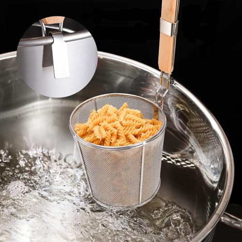 ZAVOOS 2 Pack Pasta Strainer Basket, Stainless Steel Mesh Spider Strainer with Wooden Handle for Boiling, Kitchen Fine Food Skimmer Deep Fry Basket for Pasta, Noodle, Dumpling, 5.3''D x 5.1''H
