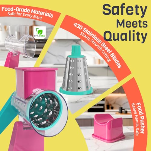 Upgraded Rotary Cheese Grater with 3 Interchangeable Stainless Steel Drums, One-Press Powerful Suction Manual Vegetable Shredder&Slicer for Kitchen, 15pcs Storage Bags Included, Rose-red&Green - color: Rose-red & Green
