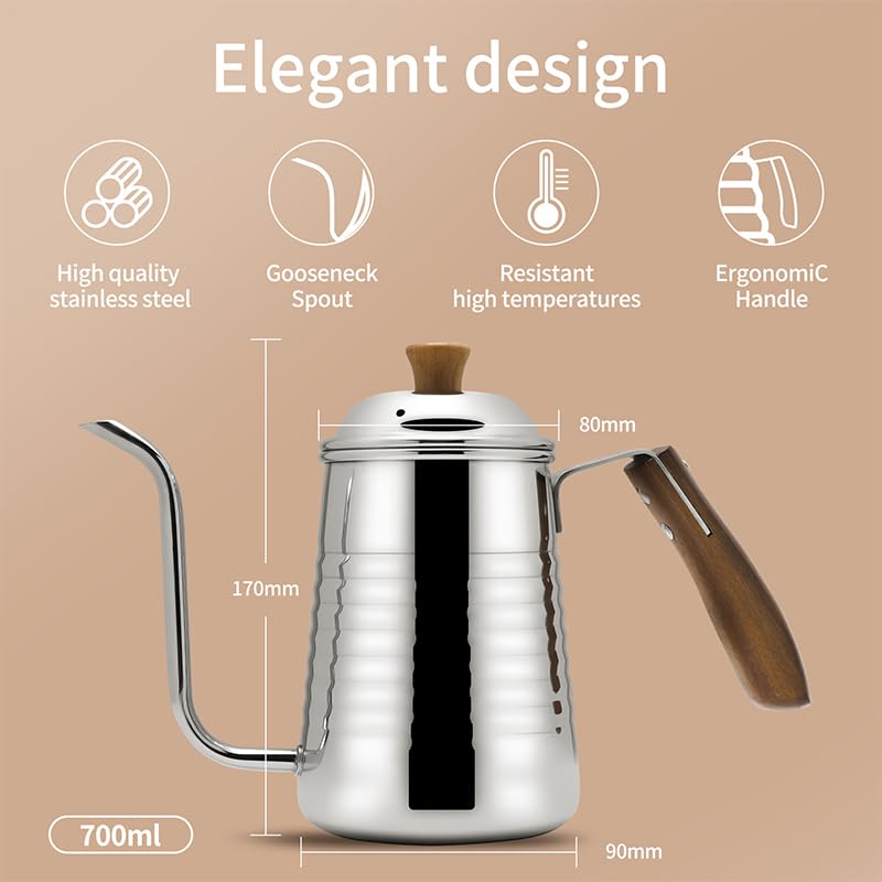 Small & Elegant Stainless Steel Gooseneck Kettle with Wooden Handle and Gift Box – 700ml (24oz) Pour Over Coffee & Tea, Precision Spout for Water Flow Control, Stainless Steel, Durable Polished Finish