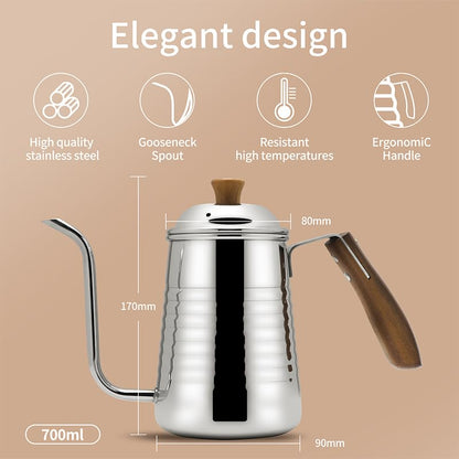 Small & Elegant Stainless Steel Gooseneck Kettle with Wooden Handle and Gift Box – 700ml (24oz) Pour Over Coffee & Tea, Precision Spout for Water Flow Control, Stainless Steel, Durable Polished Finish