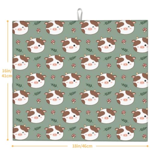 Cute Cow Mushrooms Green Leaf Dish Drying Mats for Kitchen Counter, Super Absorbent Microfiber Drainer Pad, Washable Reversible Appliance Protector, Everyday Kitchen Must-Have, 16x18 Inch - color: Cute Cow Mushrooms Green Leaf