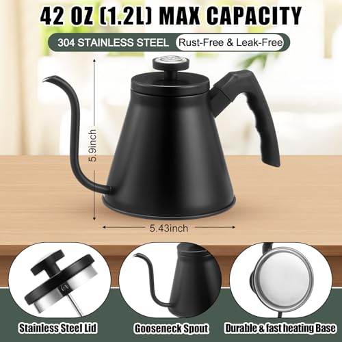 2 Pack 40 oz Gooseneck Kettle with Thermometer Stainless Steel Pour over Coffee Kettle Precision Drip Spout for Stovetop Home Kitchen Camping(Black) - color: Black