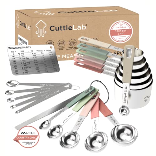 CuttleLab 22-Piece Stainless Steel Measuring Cups and Spoons Set, Tad Dash Pinch Smidgen Drop Mini Measuring Spoons, Measuring Stick Leveler, Measurement Conversion Chart Fridge Magnet, (Country Chic) - color: Country Chic
