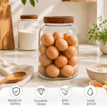 CONNOO 2PCS Flour Sugar Storage Containers Large Glass Food Storage Jars with Airtight Acacia Wood Lids Including 120 Labels Easy-Scooping Design for Flour Sugar Rice and Dry Foods (1 Gallon 135 oz) - color: cylindrical/135oz/2pcs