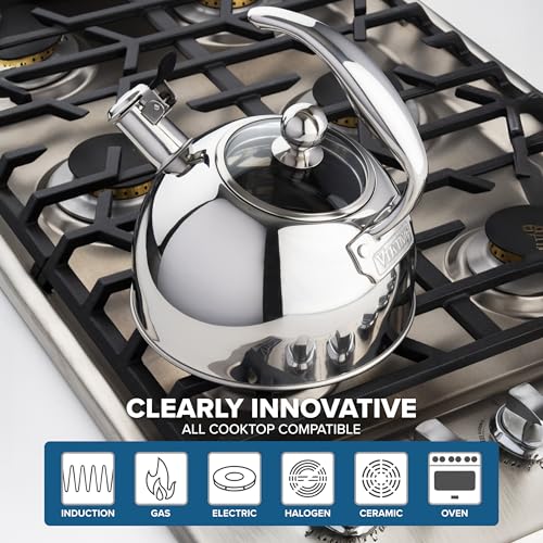 Viking 3-Ply Stainless Steel Tea Kettle, 2.6 Quart Stovetop Hot Water Pot with Tempered Glass Lid, Ergonomic Handle, Induction Ready, Mirror Finish - color: Mirror Finish