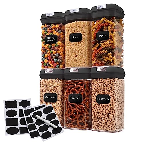 Set of 6 Airtight Food Storage Containers - Pantry Organizer Bins, BPA Free Plastic Containers plus Dry Erase Marker and Labels, Black - color: Black