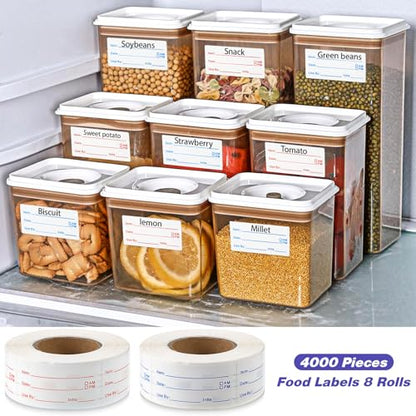 8 Rolls 4000 Pcs Removable Freezer Labels for Food Containers, 1 x 2 Inch No-Residue Food Labels Easy to Write On Foods Date Label Stickers for Kitchen Restaurants Grocery Stores Markets