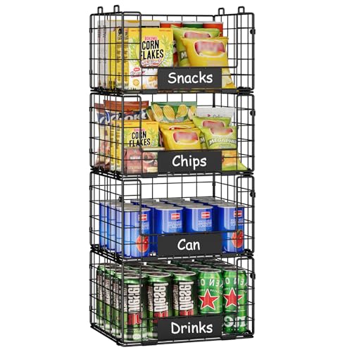 JKsmart 4 Pack XL Stackable Wire Baskets, Pantry Organizers and Storage with Name Plates, Muti-Purpose for Snack Organizer & Vegetable Basket & Fruit Basket - size: XL-12.2"x9.85"x28.65"