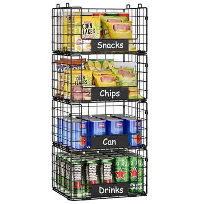 JKsmart 4 Pack XL Stackable Wire Baskets, Pantry Organizers and Storage with Name Plates, Muti-Purpose for Snack Organizer & Vegetable Basket & Fruit Basket - size: XL-12.2"x9.85"x28.65"