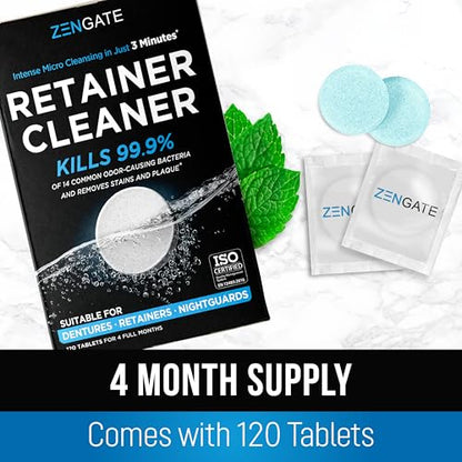 ZENGATE Retainer Cleaner Tablets for Dentures, Retainers, Aligners & Night Guards – 120 Denture Cleaning Tablets, 3-Minute Deep Clean, Removes Odor, Plaque & Stains – FSA HSA Eligible - style: 1 Pack