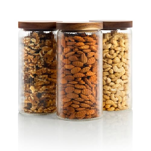 Ribbed Glass Jar with Wooden Lid 16.9oz / 27oz | Airtight Fluted Storage Container for Food, Pasta, Coffee, Candy, Dog Treats, Snacks | Canisters for Home & Kitchen (44 fl.oz / 1300ml -3X) - color: 44 fl.oz / 1300ml -3X