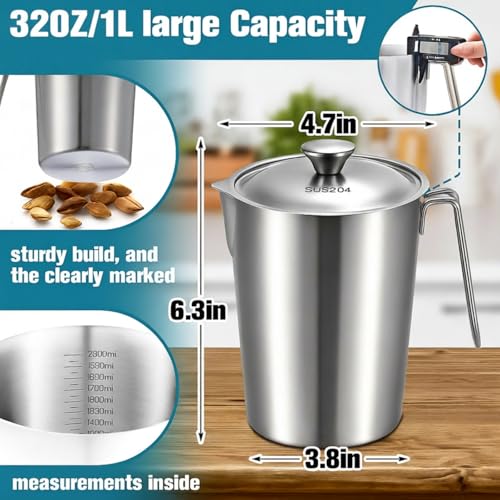 2 Pcs 1 L/32 oz Large Stainless Steel Pitcher with Lid, Metal Measuring Cup, Large Mouth Graduated Beakers with Handle, Milk Frothing Jug for Espresso Machine, Latte Art, Hot/cold Water - size: 1 L/32 oz