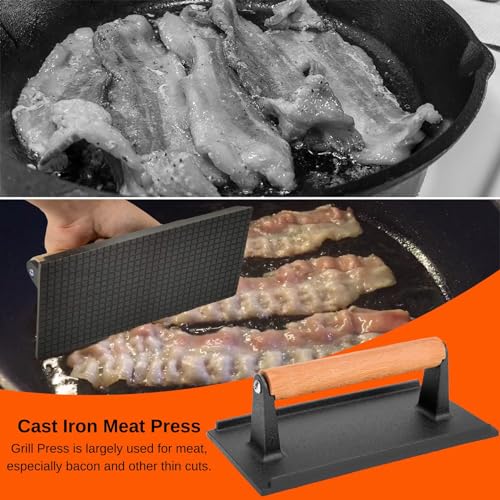 onlyfire Cast Iron Meat Press Grill Press with Wooden Handle, Great for Squeezing Fat from Meats, Flattening Bacon, Paninis, and Burgers