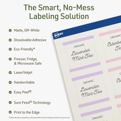 Avery Dissolvable Square Labels, Sure Feed Technology, 2" x 2", Matte White, Print-to-The-Edge, Laser/Inkjet Printable, 120 Labels Total - style: 120 labels