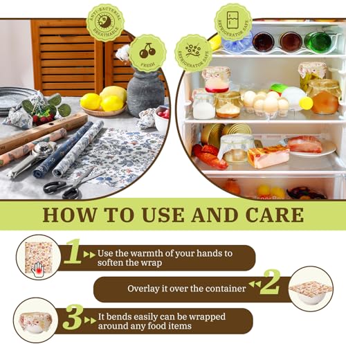 Moukeren 3 Rolls Beeswax Wraps for Food Assorted 13 x 40" Cut to Size Reusable Beeswax Food Wrap Organic Cotton Sustainable Wax Paper Wrappers Plastic Silicone Free for Bread Cheese(Butterfly)