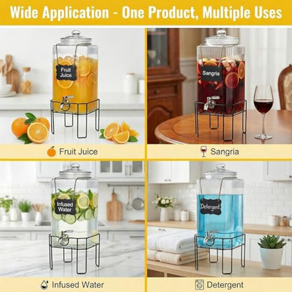 1.5 Gallon Glass Drink Dispenser, Drink Dispensers for Parties, Beverage Dispenser with Stand and Glass Lid, 100% Leakproof Spigot, Ideal for Lemonade, Juice, Iced Tea, Laundry Detergent - size: 1.5 Gallon