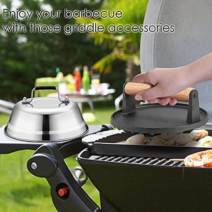 HaSteeL Melting Dome & Grill Press for Griddle, Stainless Steel 9In Basting Cover & Heavy Duty 7In Wooden Burger Press, Griddle Accessories Kit Great for Flat Top Teppanyaki Cast Iron Indoor Outdoor - size: 9" Dome & Round Press