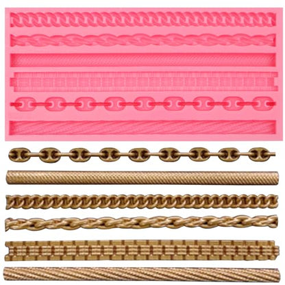 Chain and Rope Pattern Silicone Mold, 6 Designs, Pink Fondant Decorating Tool - color: pink(M17)