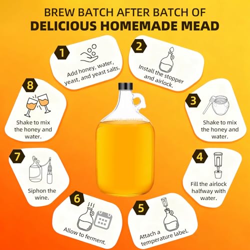 Mead Making Kit for Beginners 1 Gallon Home Brewing Kit with Glass Fermentation Jar Siphon Airlock Stopper Temperature Labe Funnel Hydrometer Reusable DIY Honey Wine Starter Set