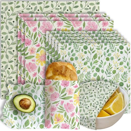 Beeswax Food Wraps, Pink Flowers and Green Leaves Wraps, 9 Pack Plastic-Free Food Storage, Sandwich, Bread, Fruit Covers, Organic, Sustainable, Zero Waste, Biodegradable, 1XL, 3M, 5S - color: Green Botanical2
