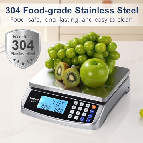 Atogou 110lb Food Scale, Commercial Kitchen Scale with Price Computing, Plug-in Usable, 0.05oz/1g, 304 Stainless Steel, for Cooking, Vegetables, Farm, Industry, Counting. LC300 Silver - style: Silver 110lb/50kg