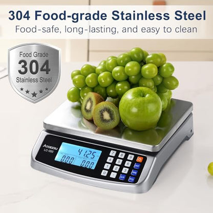 Atogou 110lb Food Scale, Commercial Kitchen Scale with Price Computing, Plug-in Usable, 0.05oz/1g, 304 Stainless Steel, for Cooking, Vegetables, Farm, Industry, Counting. LC300 Silver - style: Silver 110lb/50kg