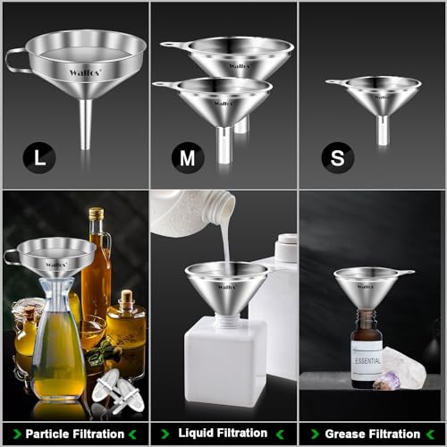 Stainless Steel Funnel, Walfos 4 Pack(4in、3 in、2.2 in、1.7in Kitchen Funnel with 2 Removable Strainer ＆ 1Pcs Cleaning Brush, Perfect for Transferring of Liquid, Oils, Jam, Dry Ingredients & Powder - color: 4pcs 10.4cm+7.5cm+5.5cm+4.5cm