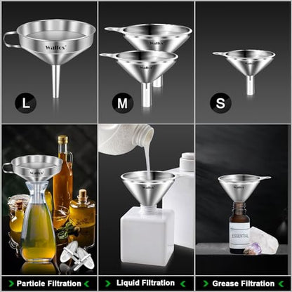 Stainless Steel Funnel, Walfos 4 Pack(4in、3 in、2.2 in、1.7in Kitchen Funnel with 2 Removable Strainer ＆ 1Pcs Cleaning Brush, Perfect for Transferring of Liquid, Oils, Jam, Dry Ingredients & Powder - color: 4pcs 10.4cm+7.5cm+5.5cm+4.5cm