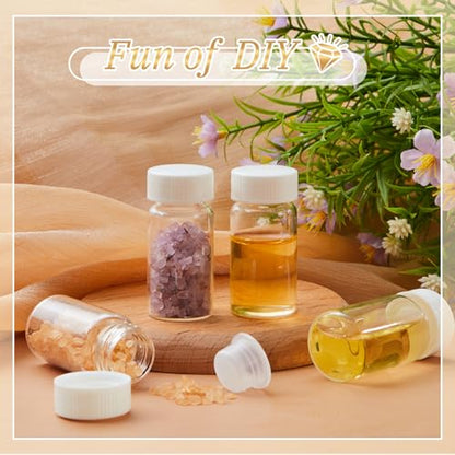 Lallisa 100 Pcs 20 ml Glass Vials with White Screw Caps and Plastic Stoppers, 5 Dram Clear Small Leakproof Bottles Bulk, Mini Liquid Sample Vials for Essential Oils, Sample, DIY Craft - color: Clear with White Cap, size: 20 ml