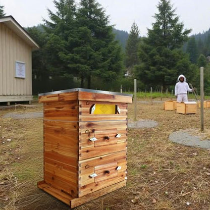 10-Frame Complete Bee Hives and Supplies Starter Kit Dipped in 100% Beeswax, Includes 2 Deep Hive Bee Box and 1 Bee Hive Super with Acrylic Window, Beehive Frames and Foundation for Beekeepers