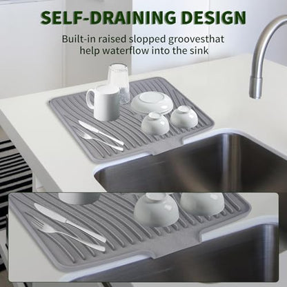 Silicone Dish Drying Mat 16x13,Food-Grade Silicone,Easy Clean Pad for Countertop Protection,Heat Resistant,Easy Clean,Non-Slip Drain Pad with Built-in Drain,Multi-Functional Use,Grey - color: Gray, size: 16" x 13"