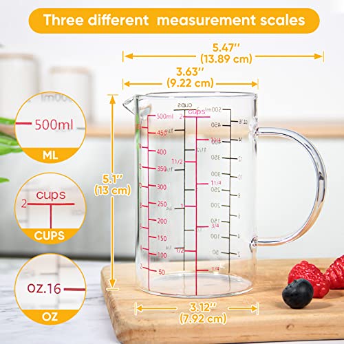 77L High Borosilicate Glass Measuring Cup with Handle, [Double-Sided Measuring Scale, V-Shaped Spout, Insulated handle], Glass Measuring Cup with Three Scales (OZ, Cup, ML) for Liquid (500 ML) - size: 2 Cup (500 ml)