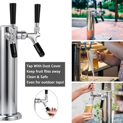 FERRODAY Kegerator Tower Dual Faucet Beer Tower Double Tap Beer Tower Dispenser Beer Tap Kegerator Parts Stainless Steel Tower Brass Faucet Stainless Core Pre-assembled Lines 3" Keg Tower Beer Keg Tap - size: Dual Tap-Brass Faucet
