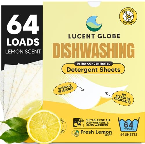 Lucent Globe Dishwasher Dishwashing Detergent Sheets, Dish Soap & Dishwasher Tablets Alternative. Plant-Based, Eco-Friendly, Fully Biodegradable, Lemon Scent (1 Pack of 64 Washes)
