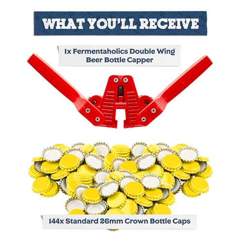 Fermentaholics Beer Bottle Capper & Lid Set – Double Wing Manual Capping Tool with 144 Crown Caps – Fits Standard 12 oz & Homebrew Beer Bottles (Capper & Lid Set -144 Yellow Crown Caps) - size: Capper & Lid Set -144 Yellow Crown Caps
