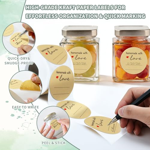 500 Pcs 2″ Round Homemade with Love Kraft Labels – Canning Jar Stickers for Jelly, Jam, Spice Containers, Baked Goods, Pantry Organization, Gift Packaging & Small Business - color: Homemade With Love (Standard)