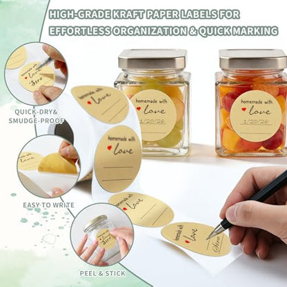 500 Pcs 2″ Round Homemade with Love Kraft Labels – Canning Jar Stickers for Jelly, Jam, Spice Containers, Baked Goods, Pantry Organization, Gift Packaging & Small Business - color: Homemade With Love (Standard)