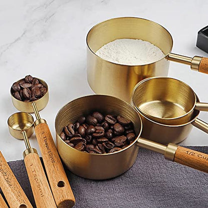 GuDoQi 8Pcs Gold Measuring Cups and Spoons Set, Wooden Handle, Premium Stainless Steel with Metric & US Measurements, Nesting for Dry/Liquid Kitchen/Food/Baking - color: Golden